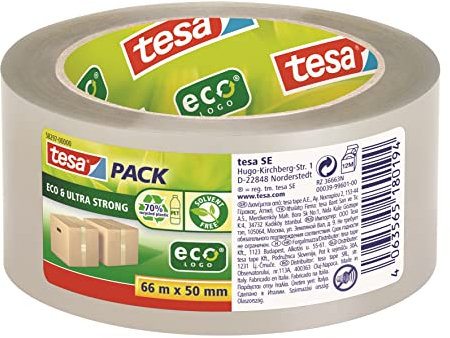 tesa Tesapack ECO und ULTRA STRONG ecoLogo - transparentes Kunststoff-Packband mit extra starker Haftkraft - umweltfreundliches Klebeband, lösemittelfrei hergestellt - 66 m x 50 mm (12 Rollen)