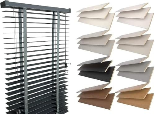 Venetian Faux Wood Blind wooden Venetian Blinds With Tape Ladder 50mm Slats TRIMMABLE Fauxwood Grey with Contrast Tape Living Room Garden House Kitchen Blinds (60cm x 150cm)