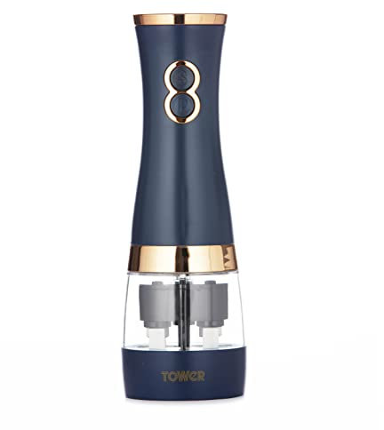 Tower T847004MNB Electric Salt and Pepper Mills, Battery Operated with Adjustable Ceramic Grinders, Midnight Blue and Rose Gold