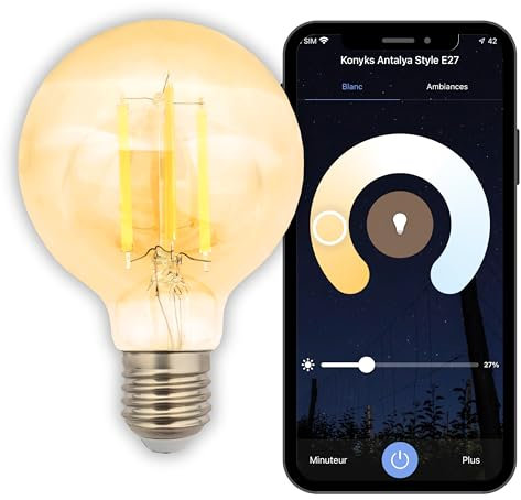 Konyks Ampoule connectée Antalya Style G80 Ampoule E27 déco Ambrée- Blanc réglable- Wi-Fi+ Bluetooth - 7W