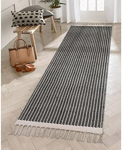 Lahome Boho-Flurläufer, 5x17.8 cm, Badezimmerläufer, leichter Eingangsläufer, gewebte Baumwolle, schwarzer Läufer mit Quasten, Bauernhaus-Fußmatten, Teppichläufer für Waschküche, Dekoration