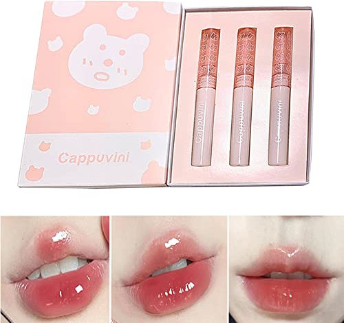 Hydratisierender Lipgloss Set mit 3 korean Lippenstift-Farben, Spiegel Wasser Lip Gloss Glas Flüssigkeit Lippenstift Set,Lip Tint,Geschenk für Frauen & Mädchen (A)