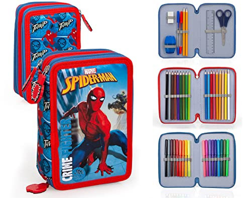 Ragusa-Trade Marvel Spider-Man Crime Fighter, 3-Fach Federtasche Federmappe, 44 TLG. gefüllt für Jungen Mädchen Kinder, blau/rot, 20 x 12,5 x 5,5 cm