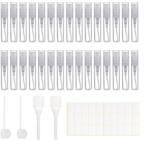 PFLYPF 30 unidades de 3 ml mini pulverizador con cuentagotas, dispensador y etiqueta para etiquetas, botella dispensadora transparente, atomizador recargable portátil para loción, perfume, etc.