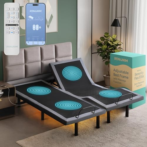 Renanim SFE Adjustable Bed with Massage, Split King Adjustable Bed Frame - USB, UnderBed Light, Wireless Remote