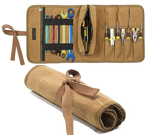 Wrench/Tool Roll (7 Slots), Waxed Canvas Roll Up Bag with 1 Small Detachable Tool pouch and 1 Zipper Pockets, Multi-Purpose Wrench Roll Organizer with 2 Wrap Straps