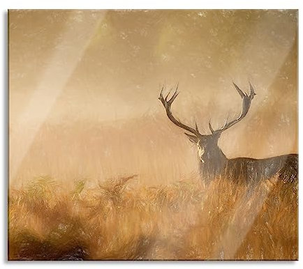 Rotwild Hirsch im Nebel Herdabdeckplatte & Spritzschutz aus Echtglas | Für Herd-Kochfelder | 60x52 cm