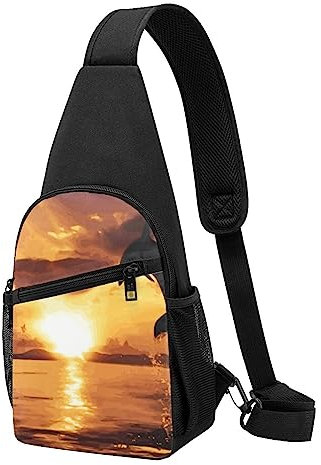 Black Lily Pads Sling Bag Crossbody Rucksack Brustrucksack für Männer und Frauen, verstellbare linke und rechte Schulter, Wandern, lässiger Tagesrucksack, Delphin in der Dämmerung, Einheitsgröße