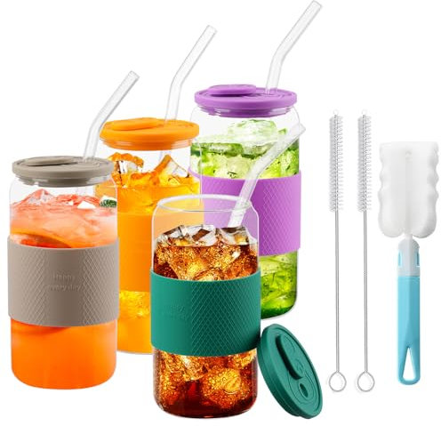 Glass Cups with Lid and Straws, 4 Set -16oz Drinking Glasses with Silicone Protective Sleeve, Can Shaped Glass Cup, Cute Iced Coffee Tumbler, Smoothie Cups for Cocktail, Soda, Juice, Whiskey, Gift