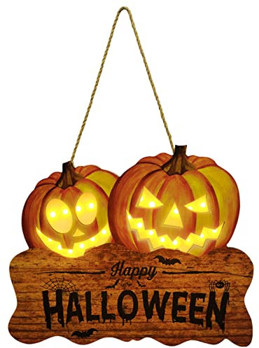 Pomurom Halloween Hängeschild mit Lichtern, Happy Halloween Kürbis Holzschild für Haustür Wand Deko, Halloween Schilder Garten, Halloween Wandkunst Schild zum Aufhänger für Outdoor Heimdekoration