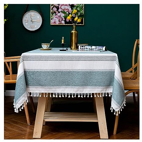 KnSam Tischdecken 140x220CM, Streifen mit Quaste Tischtuch Baumwolle Leinen Tischtuch Geburtstag Pflegeleicht für Esszimmer, Garten, Party, Hochzeiten oder Haushalt, Himmelblau