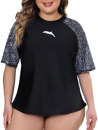 Halcurt Maillot de bain anti-UV pour femme - Grande taille - Rash Guard - Manches courtes - Avec soutien-gorge - Protection solaire UPF 50+ - Séchage rapide - 1X-4X, Cercle noir à pois/avec