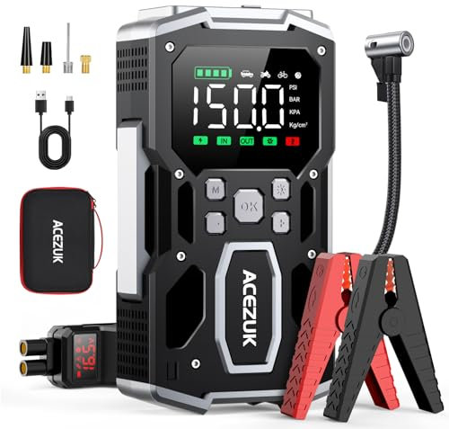 ACEZUK Arrancador de Batería de Coche 7000A, Compresor de Aire 150PSI, 26800mAh Arrancador de Coches para Vehículo(Toda Gasolina o 10L Diésel), 12V Jump Starter con 400-Lumen LED