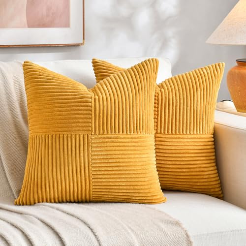 FDTERN 2er Set Gelb Kordsamt Kissenbezug 65x65CM Weich Moderne Dekorative Kissenbezüge Kissenhülle Dekokissenbezug Sofakissen Dekokissen Boho Herbst Deko für Sofa Schlafzimmer Wohnzimmer Bett