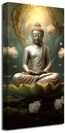 CXHOSTENT Goldene Buddha Leinwand Wandbilder Zen Kunstdrucke Buddha Statue Lotus Bilder Spa Dekor für spirituelle Meditation Yoga Raum (A, 30.00 x 60.00 cms)
