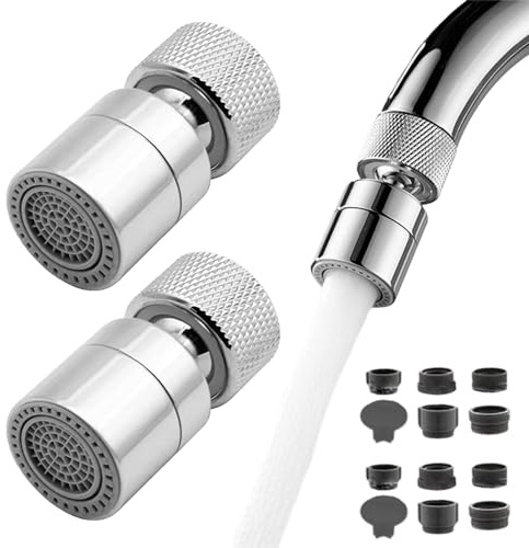 2pcs 360° Rotatable FM22/M24 Kitchen Tap Aerator Spray Head with Adapter for Sink,Faucet Extension Sprayer Booster Nozzle,Replacement Extender Water Filter Swivel Diffuser Attachment(Colour:Silver)