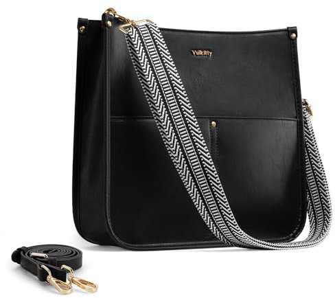 Vulkitty Umhängetasche Damen PU Leder Mittelgroß Schultertasche mit 2 Riemen Crossbody Messenger Bag Schwarz