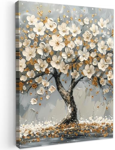 MuchoWow© Leinwand Bilder 50x70 cm Wanddeko Wohnzimmer Aesthetic Room Decor Deko Zimmer Wandbilder Modern Bild auf Leinwand Baum - Blumen - Weiß - Natur - Kunst