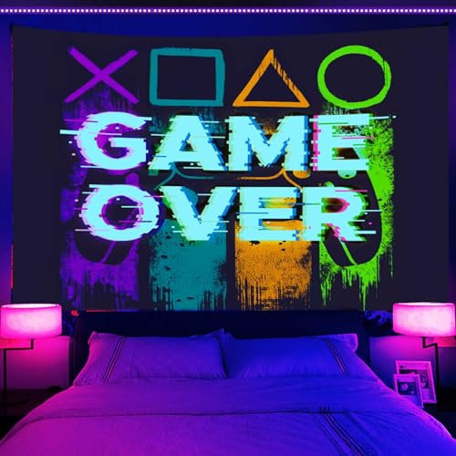 Wathon Schwarzlicht-Gaming-Wandteppich, UV-reaktiv, Neon-Schwarzlicht, lustige Gaming-Poster für Männer, Jungen, Jugendzimmer, Wandkunst, Spiel-Thema, Hippie-Gamer, leuchtet im Dunkeln, Wandteppich