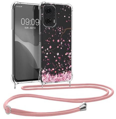 kwmobile Custodia Compatibile con Motorola Moto G24 / E14 / G04 / G04s Cover - Back Case in Silicone TPU - Protezione Smartphone con Cordino - rosa/marrone scuro/trasparente
