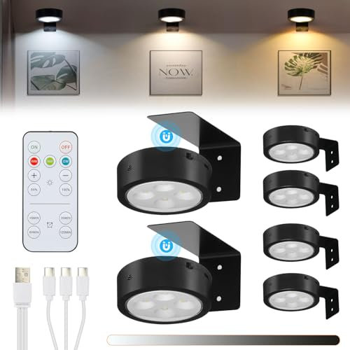 Lightsjoy 6 Pack Picture Lights for Wall Battery Operated 3 Colors Wireless Picture Frame Light Rechargeable Wall Light Dimmable Timer Dart Board Lighting Remote Control Magnetic Wall Lights Black