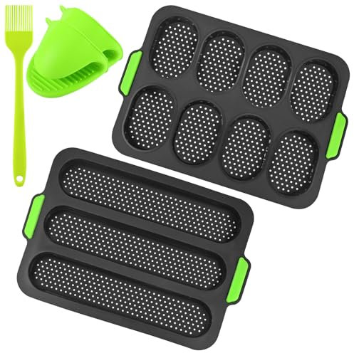 JTOOYS Backform Baguette, 2Stk Backblech Brötchen Brotbackformen mit 2 Isolationshandclip & Ölpinsel Silikon Antihaft Backblech Baguetteblech Backen Wellenschlitze Silikon Baguette