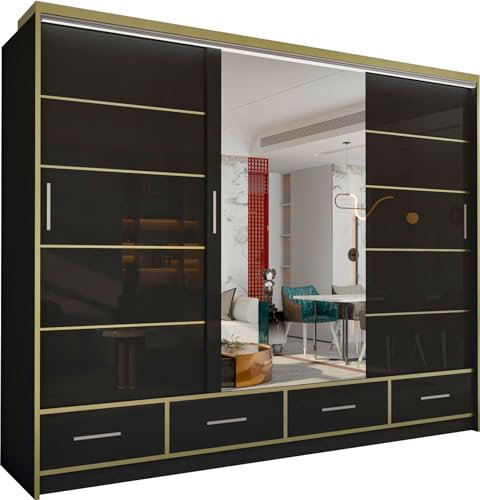 MN Furniture Sudenia High Gloss 2 & 3 Sliding Doors Wardrobe with Mirror, Drawers Cabinet with Storage Cabinets Hanging Rails Art Decor Closet in White, Black and Grey (Black, 253cm)