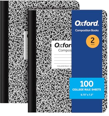 Oxford Kompositions-Notizbücher, 24,5 x 19,8 cm, College-Notizbücher, liniertes Papier, schwarzer Marmor-Einband, 100 Blatt pro Buch, 2 Stück (1002515)
