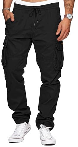 TARAINYA Cargohose Herren Baumwolle Baggy Hosen Stretch Outdoorhose mit Kordelzug und Taschen Schwarz M