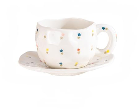 zouxangzz Jolie tasse à café en forme de cœur pour fille - Tasse et soucoupe en céramique peintes à la main - Petites fleurs - Tasses et soucoupes