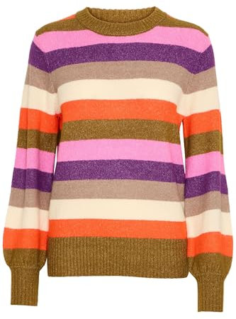 ICHI IHEDEN Damen Strickpullover Feinstrick Pullover Pulli mit Rippkragen Rippbündchen leicht elastisch Loose fit, Größe:XL, Farbe:Green Mix Color Stripe (203958)