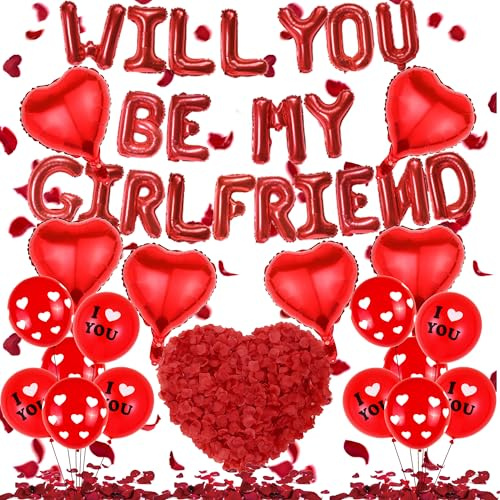 Will You Be My Girlfriend – 539-teiliges Valentinstags-Liebes-Set inklusive I Love You-Luftballons, Herzen, roter Buchstabenballon, künstliche Rosenblätter für Antragsdekorationen