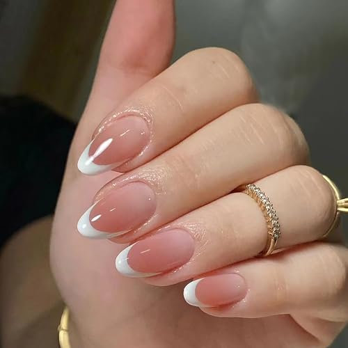 24PCS Press on Almond Nails - Nude French Tip With Glue - Gradient Fake Strong - Short Stick on - Acrylic Tips Long Last for French Manicure