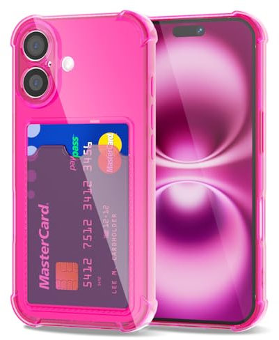 Svanove for iPhone 16 Plus Case Wallet Clear, Card Holder Case with Credit Card Slot, Thin Slim Transparent Silicone Grip Soft Rubber Protective Shockproof Airbag Bumper for Women, Neon Hot Pink