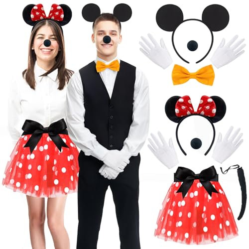 ATOWORLD Women's Minnie/Mickey Mouse Costume Set - Red Tutu, Ears, Nose, Gloves, Bow Tie & Black Headband - One Size - Polyester - Cartoon Theme - Adult Women's Costume
