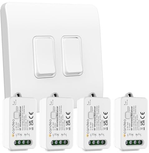 Candeo Wireless Kinetic Dual Light Switch (2-Gang x 2-Channel) & 4 x RF Receiver Module Kit | No Wiring or Batteries Needed | Easy Installation & Eco-Friendly Modular Lighting Control