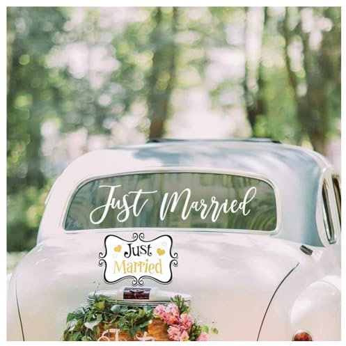 Hrlace Just Married Autodekorationen Hochzeits Auto Dekorationen Just Married Autofenster Aufkleber Just Married Automagnete Schild Banner Hochzeit Deko für Flitterwochen Wedding Stil 1