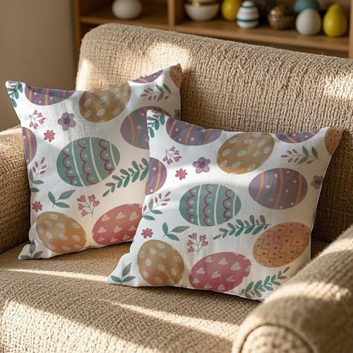 Vorysum 2er Set Ostern Kissenbezug 45x45 cm Blumen Osterdeko Sofakissen Ostereier Kissenbezüge Farbe Kissen Frühling Sommer Happy Easter Kissenbezug Deko Urlaubsparty Picknick Outdoor Garten