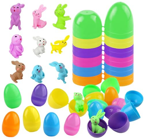 JINXIAN 24 Stück Ostereier Plastik und 24 Stück Osterhase überraschungseier Ostereier zum BefüLlen 4 x 6 cm Plastikeier Bunt für Füllen von SüßIgkeiten Hasen und Kindergeschenken