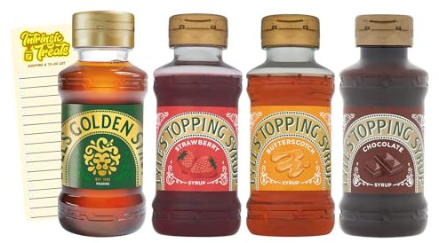 Syrup Bundle with Squeezy Golden Syrup, Strawberry, Butterscotch, Chocolate (325g each) and Intrinsic Treats Shopping List Card