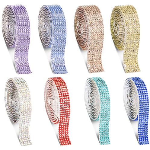 Sxutop 8 Rollen Kristall Strassband Selbstklebend Bunt Diamant Strass Band Glitzer Klebeband Strass 8 Farben Strasssteine Band Selbstklebend für Kunsthandwerk Auto Telefon (5/7 Reihen,1 Yard/Rollen)