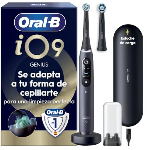 Oral-B Wiederaufladbare elektrische Zahnbürste iO 9 Schwarz Limited Edition, 1 elektrische Zahnbürste Oral B, 1 Ersatzbürste, Reiseetui, Magnetetui