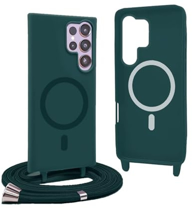 YFSYLL Handykette Hülle für Samsung Galaxy S23 Ultra mit Band,Magnetische Silikon Handyhülle Kompatibel mit MagSafe,Handyhülle für zum Umhängen Einstellbar und Abnehmbar - Grün