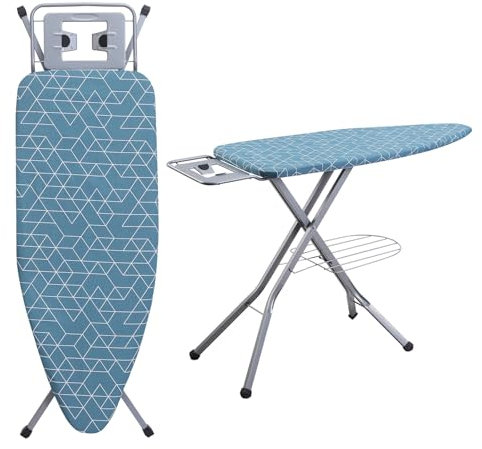 DEWINNER Asse Da Stiro Pieghevole 120 x 45 cm,Fodera Geometrica Alla Moda In 100% Cotone,Chiusura Sicura, 7 Livelli Di Regolazione Dell'altezza, Comoda Scelta Per La Stiratura A Casa (Blu)