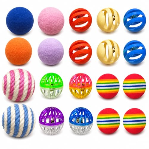 YULOYI Cat Toys for Indoor Cats, Cat Toys Balls, 20 Packs Interactive Cat Toy Set with Colorful Bell, Jingle Bell, Rainbow, Pompom and Sisal Ball for Kittens