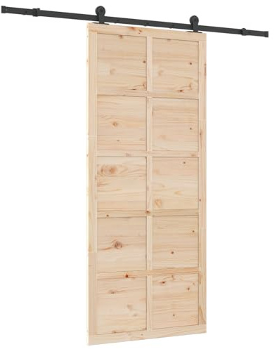 vidaXL Porte coulissante 90 x 208 cm en bois de pin massif avec rail en acier brun. C'est pour l'intérieur, avec un design rectangulaire rustique et un fini texturé chaleureux. Le mécanisme est régla