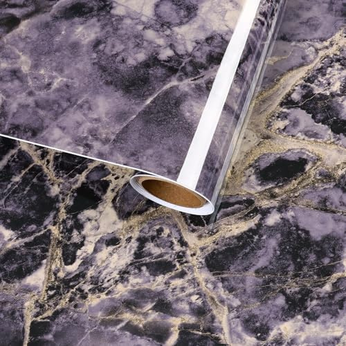 VaryFloral Purple Marble Wallpaper 30cmx300cm Self Adhesive Glossy Contact Paper Waterproof Vinyl Wrap for Kitchen Cupboards