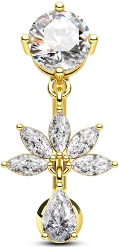 OUFER 14G Bauchnabelpiercing Gold Silber Lotus Bauchnabelpiercing Schmuck Chirurgenstahl 316L CZ Klar Piercing Bauchnabel Baumelnder Nabelpiercing Schmuck für Frauen 10 mm