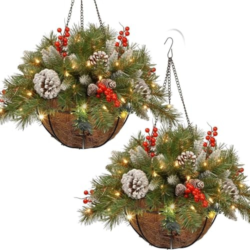 Künstlicher Hängekorb mit Tannenzapfen und Beeren, festlicher hängender Pflanztopf mit LED-Lichtern für den Innen- und Außenbereich, Rasen, Garten, 50,8 cm, 2 Stück