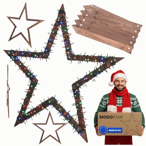 MODO24 DIY Stern MODOSTAR 2D Weihnachtsstern Set aus FSC Holz, Sternabmessungen: 114 cm, zum Aufstellen im Garten & Terrasse, wetterfest, faltbar & stabil, Weihnachtsdeko, Farbe: Braun imprägniert